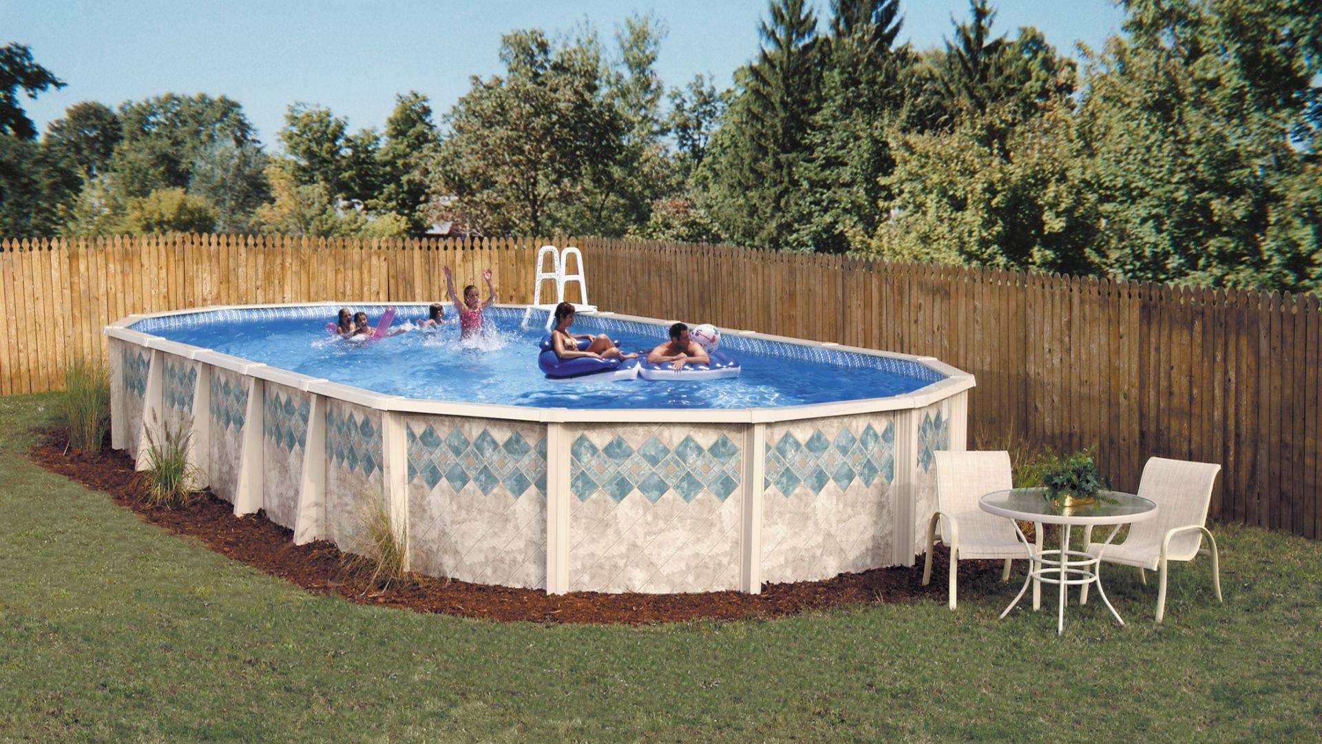 Doughboy oval above-ground swimming pool with family playing