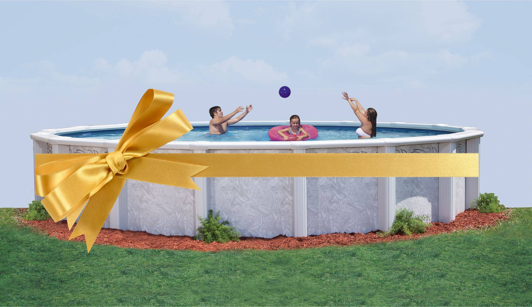 A Doughboy above ground swimming pool with three kids playing inside. There is a gold ribbon around the pool to signify that it is a Christmas gift.