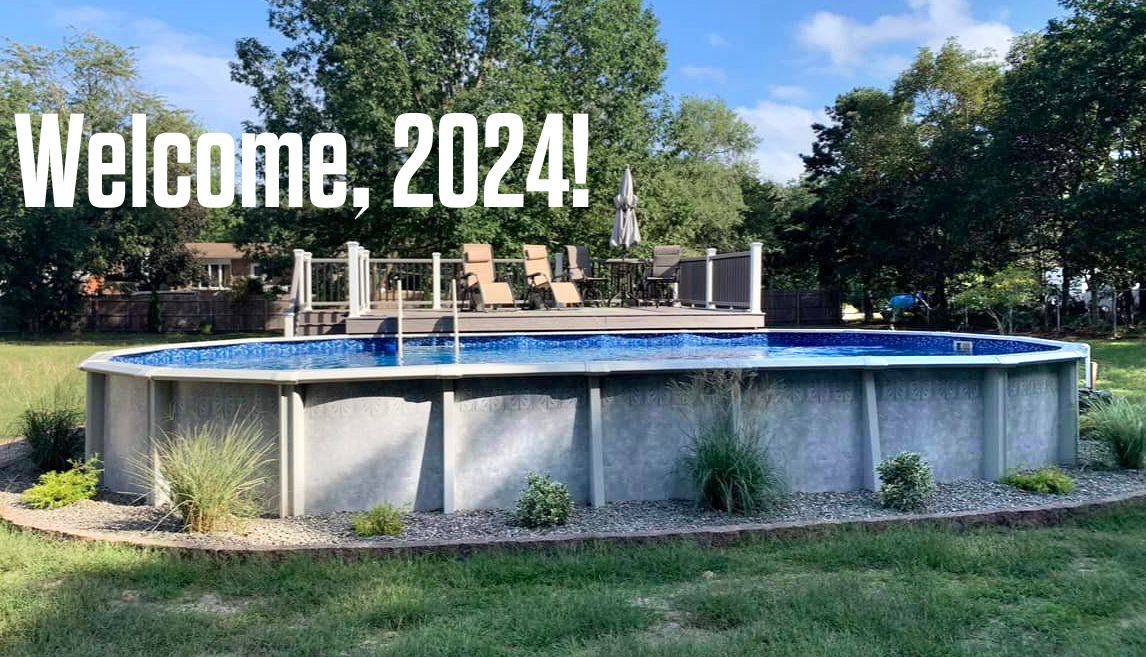 A doughboy pool with the words "Welcome, 2024" above it.