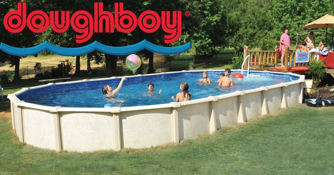 There are kids playing in a Doughboy Pool. There are some adults standing next to the pool on a deck.