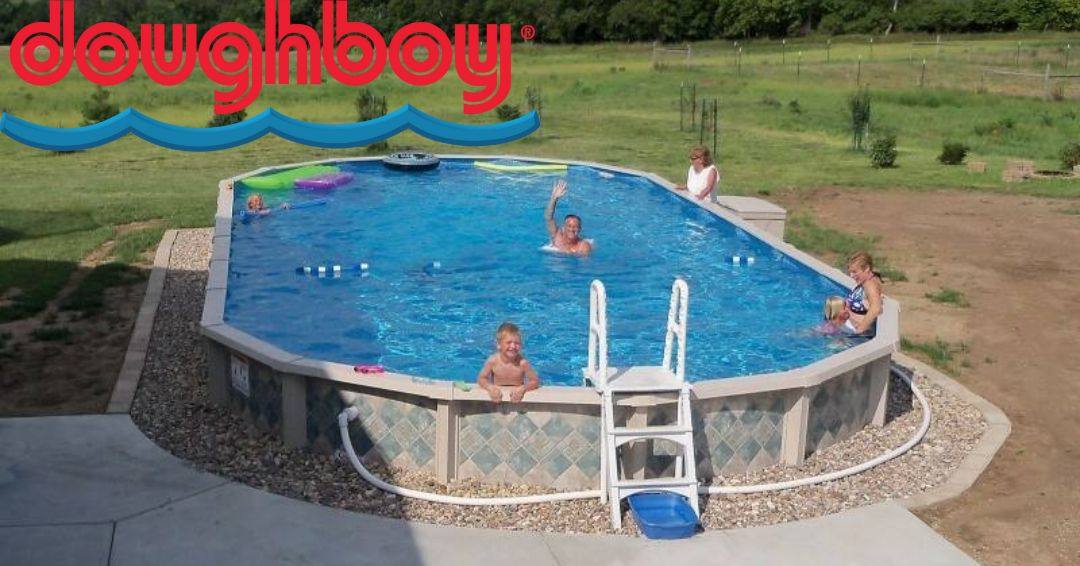 A Doughboy above ground pool with kids playing in the water.